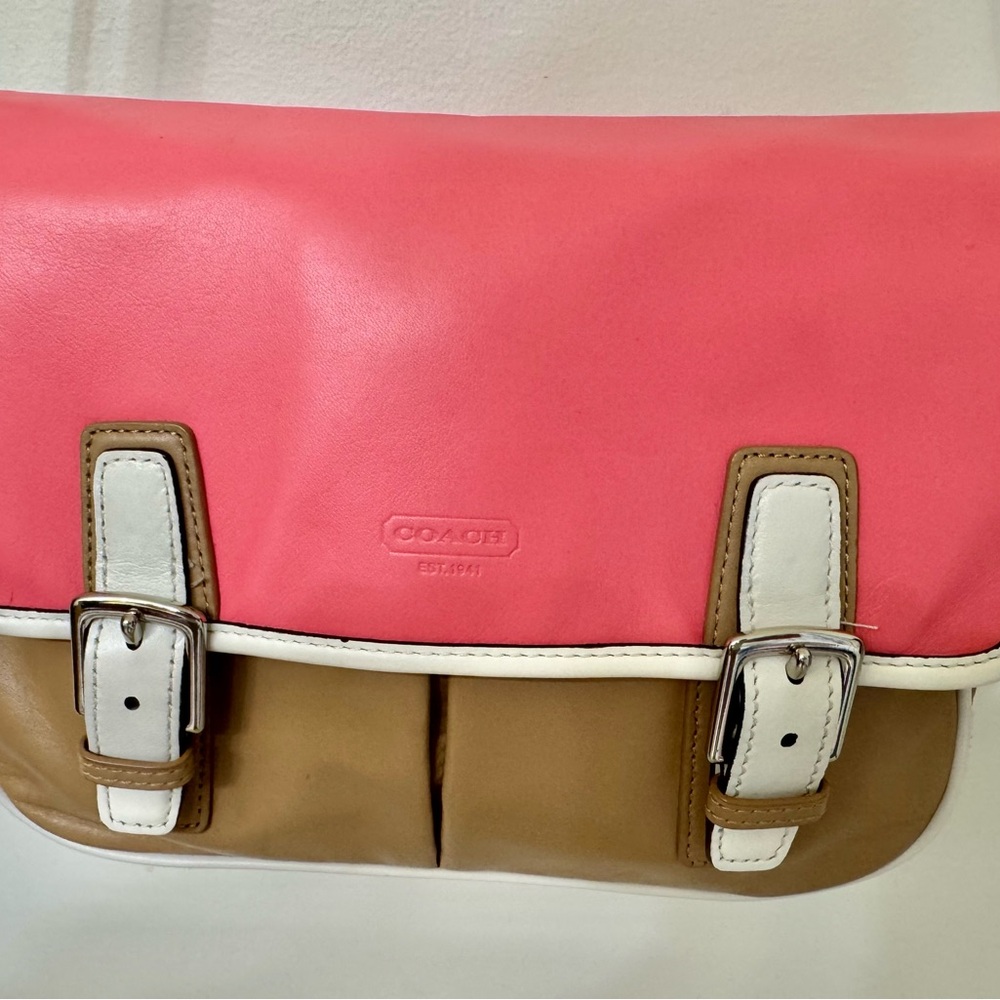 Pre-owned COACH Park Colorblock Salmon Pink/Tan/White Leather Crossbody Bag - Picture 4 of 14